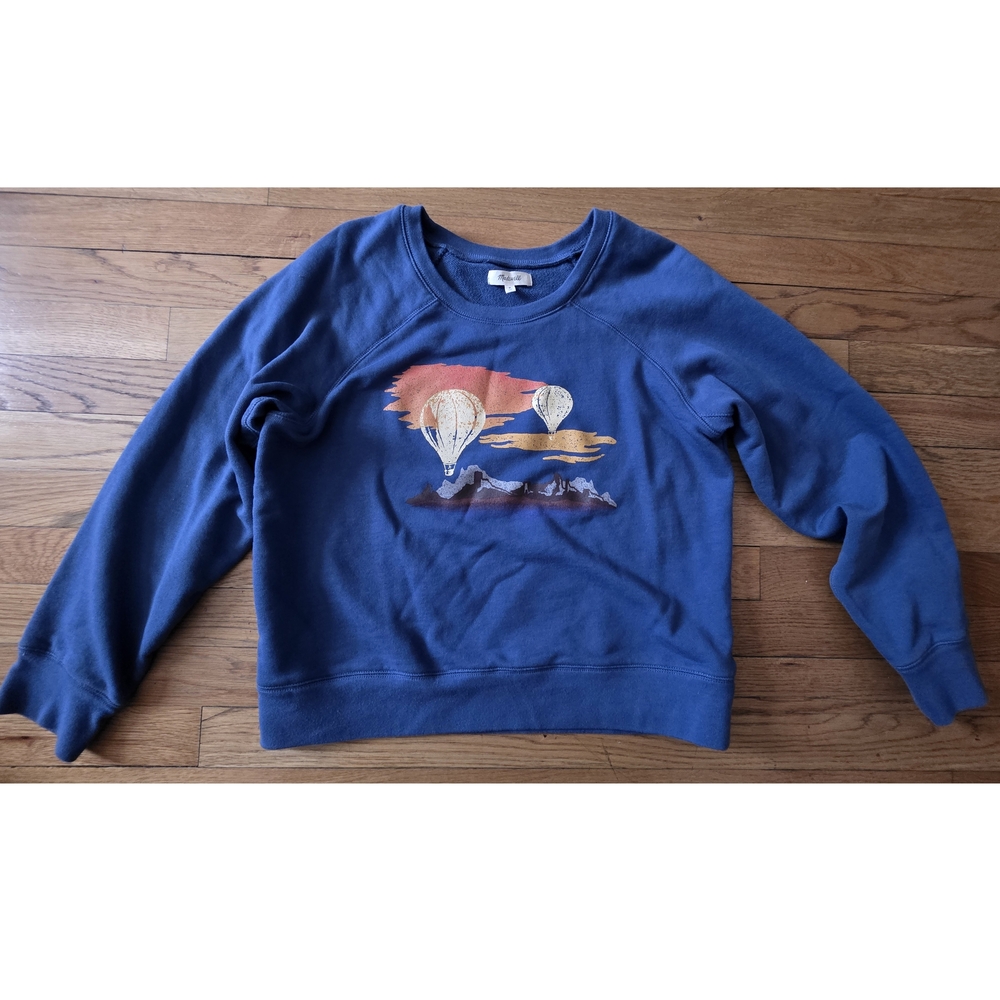 Madewell Blue Crew Neck Sweater with Hot Air Balloon Design